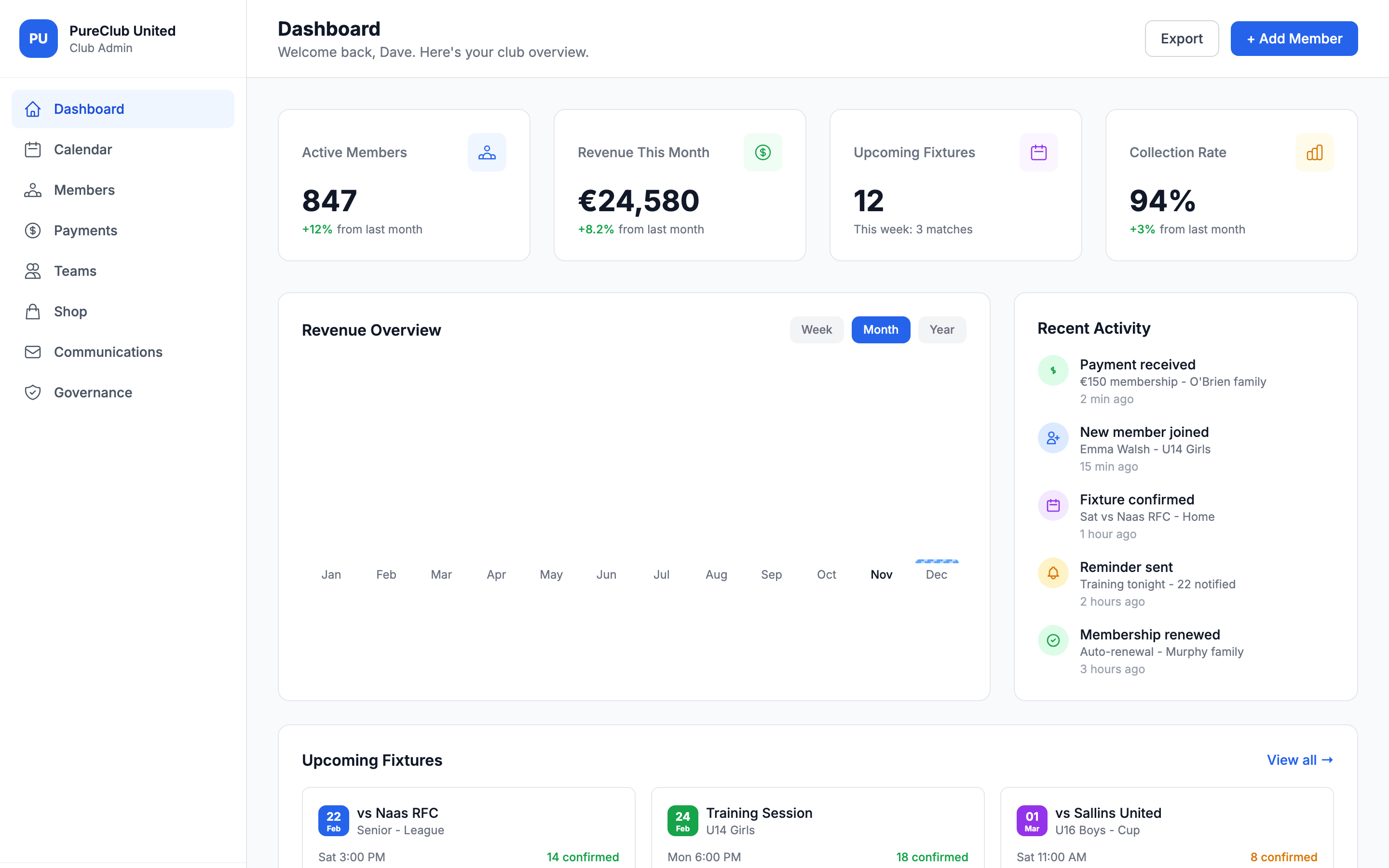 PureClub Dashboard - See members, revenue, fixtures, and activity at a glance