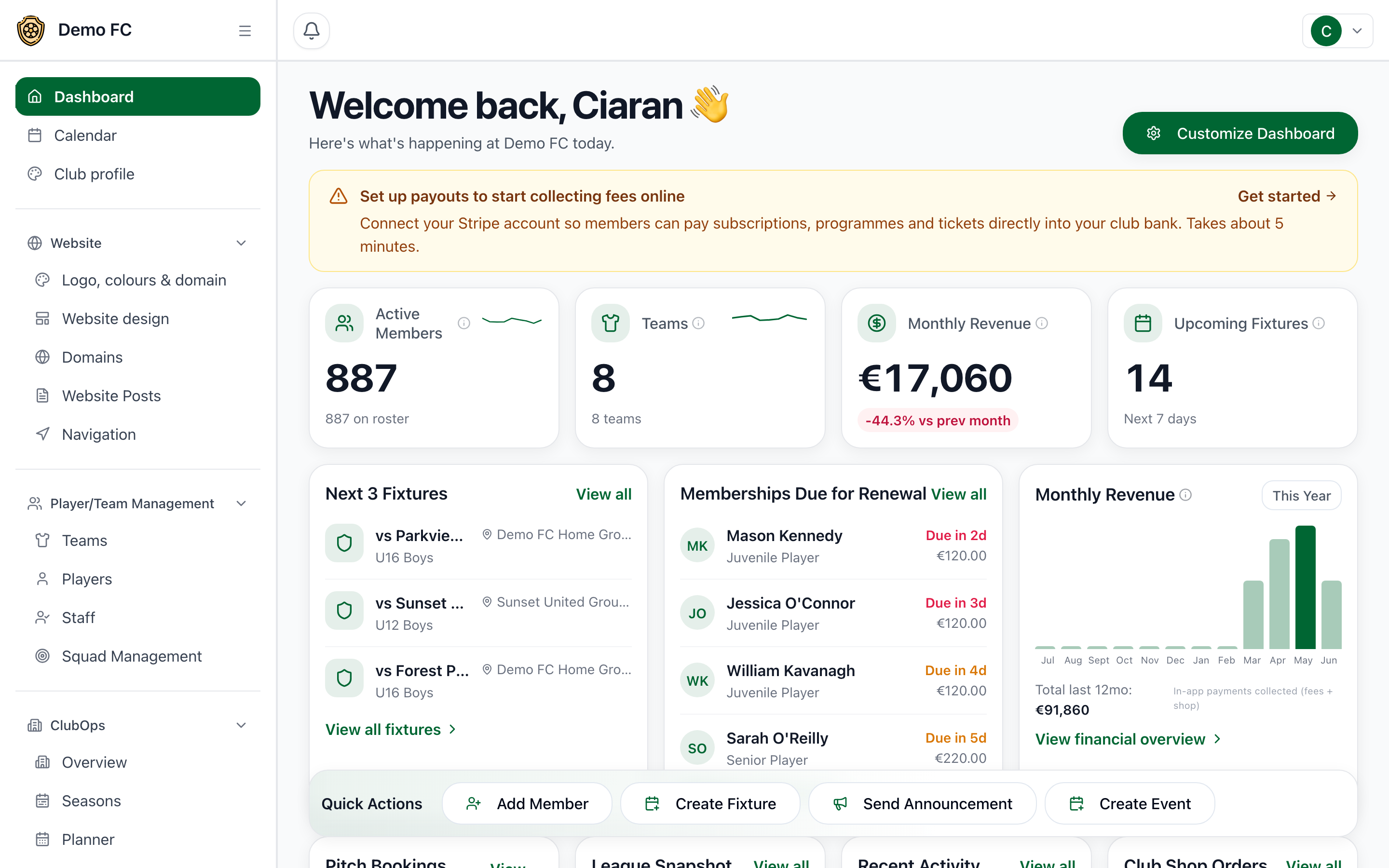 PureClub admin dashboard showing active members, monthly revenue and upcoming fixtures