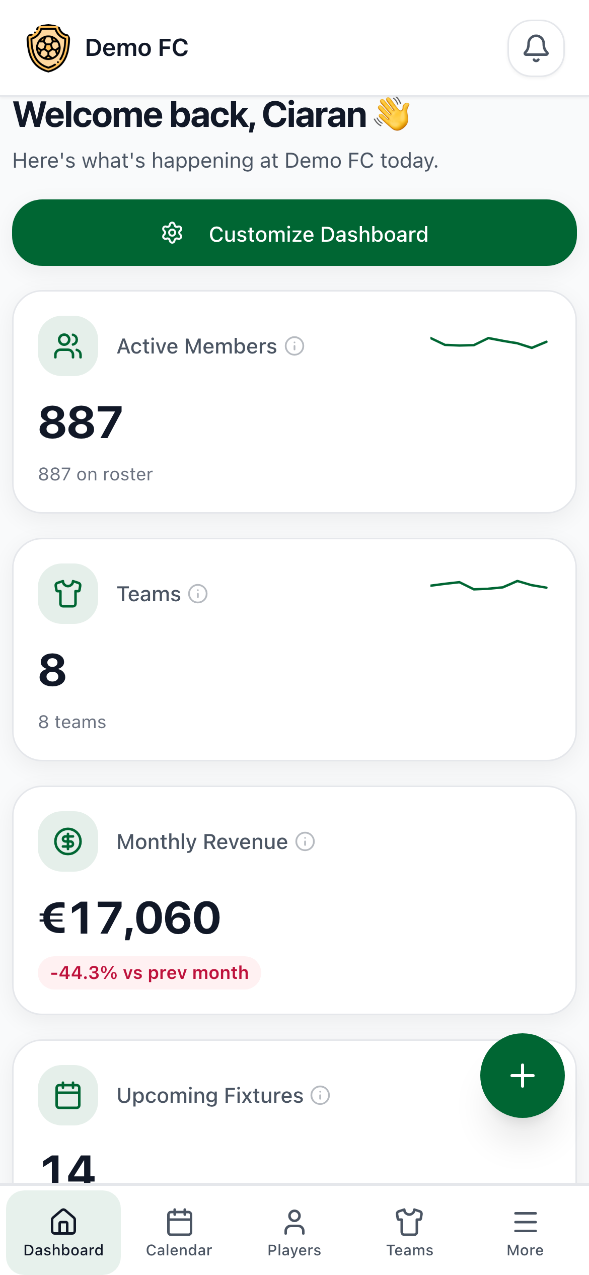 PureClub mobile dashboard
